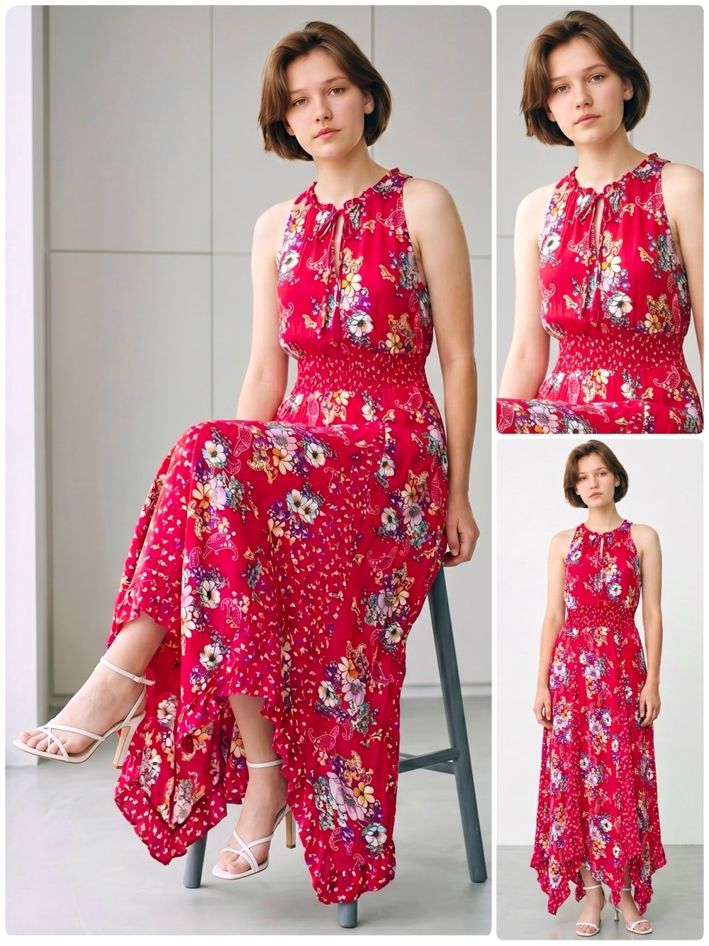 BILA Bohemian Maxi Dress  Sleeveless Halter Neckline Tie Front Keyhole Tassels